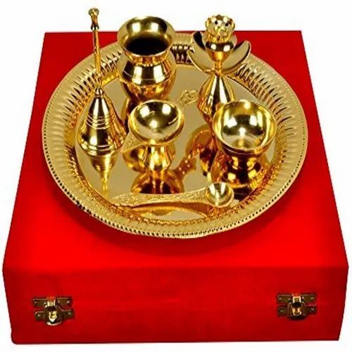Round Brass Pooja Thali - Premium Quality, Golden Color , Customizable Size with Printed Design