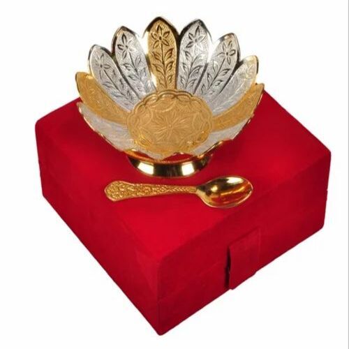 Gold Plated Brass Bowl Set - 3.75" Size, Golden And Silver Finish | Antique Imitation Design, Includes Spoon, Ideal For Art & Collectible Gifts