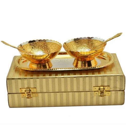 Gold Plated Handicraft Brass Bowl Set - Brass Material, Polished Finish, Golden Color | Includes 2 Spoons, 2 Bowls, 1 Plate, Washable Design