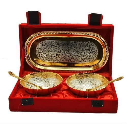 Wedding Return Gifts 5 Pcs. Bowal Set - German Silver, Flowered Shape, Multicolor Finish, 2 Bowls, 2 Spoons, 1 Tray | Ideal for Wedding Gifts