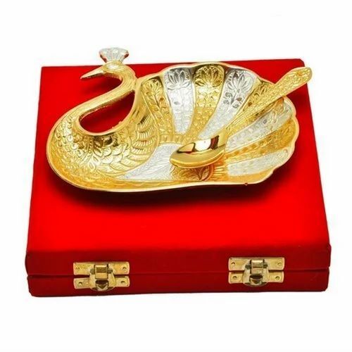Antique Brass Bowl - Premium Quality, Gold Plated Peacock Design | Round Serving Dinnerware, Perfect Gift Option
