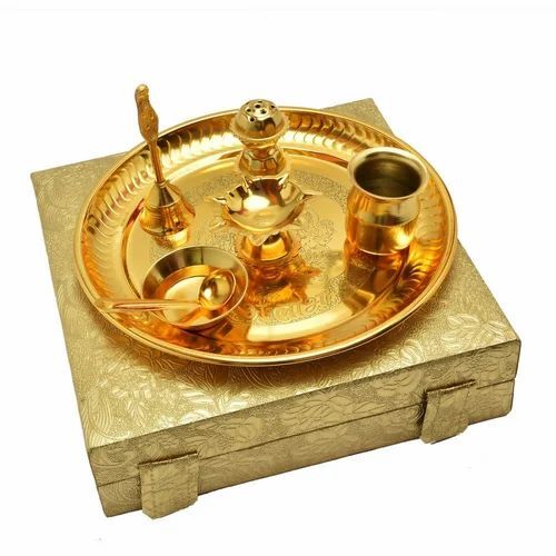 Gold Plated Brass Pooja Plate - Optimum Quality Material, Multicolor Finish | Handmade Set Includes Thali, Kalash, Spoon, Diya, and More