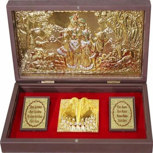 Radha Krishna Charan Paduka With Box - Wooden, Square Shape, Gold Color, 300 gm | Customizable Size, Multicolor Features in Standard Finishing