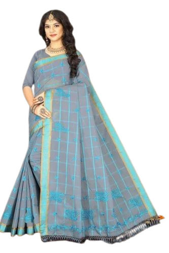 Stone Work Cotton Saree - Color: Grey & Blue