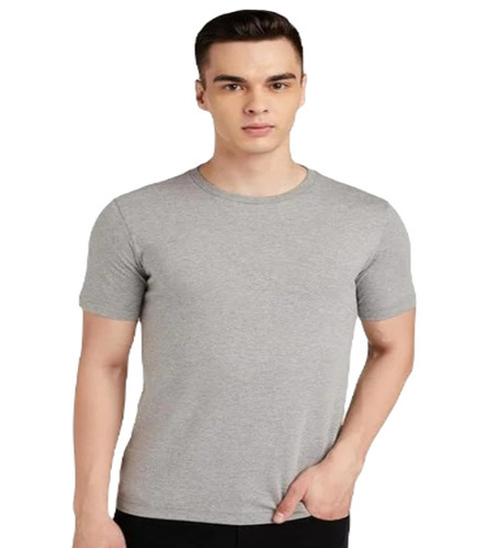 Men Grey Round Neck T Shirts - Cotton Fabric, Size M, Regular Fit, O-Neck, Short Sleeves - Casual Wear with Attractive Pattern Design