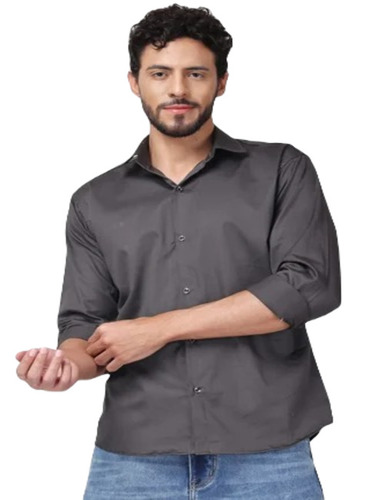 Men's Comfort Fit Cotton Shirt - Size M, Grey Plain with Full Sleeves, Anti-Wrinkle & No Fade Wash Care