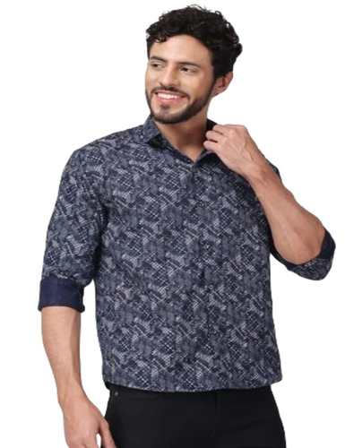 Men Printed Casual Shirt - Cotton , M Size , Navy Blue , Spread Collar , Full Sleeves , Comfortable Fit , Anti Wrinkle & No Fade, Ideal for Summer