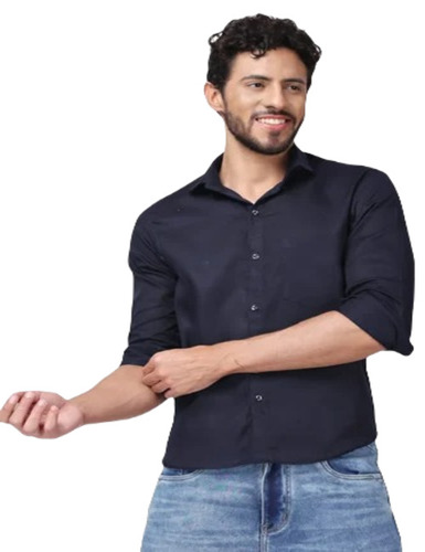 Mens Casual Cotton Shirt - Comfort Fit, Navy Blue, Full Sleeves, No Fade, Washable, Anti Wrinkle, Spread Collar, Plain Design, Ideal for Summer