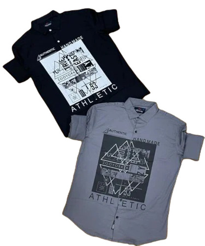 Mens Printed Casual Shirt - Lycra Comfort Fit, Full Sleeves, Black and Grey, Anti Wrinkle, No Fade, Washable