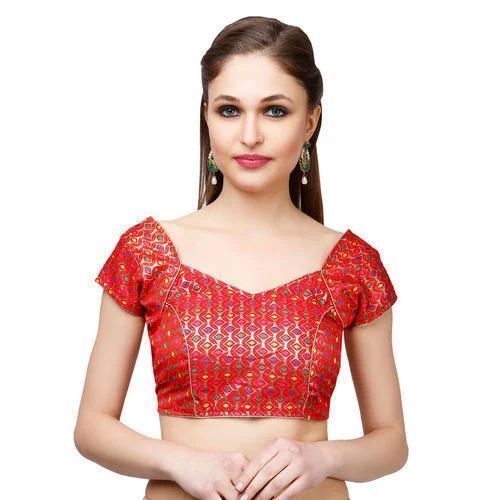 Fashionable Ladies Blouse - Silk Red Embroidered, Premium Quality Anti-Wrinkle, Machine Washable, Customizable Sizes, Short Sleeves, Sustainable Fabric