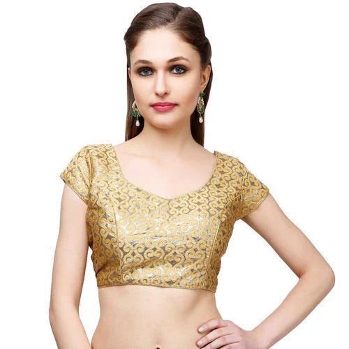 Ladies Blouse - Premium Satin Golden Color Floral Pattern with Short Sleeves | Luxurious Look Bold Prints Water Proof Anti Wrinkle Breathable