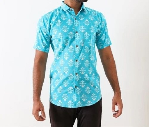 Men Light Blue Printed Cotton Shirt