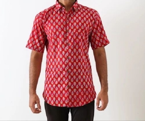 Men Red Sanganeri Printed Shirt