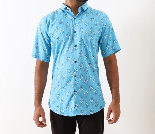 Men Sky Blue Printed Cotton Shirt