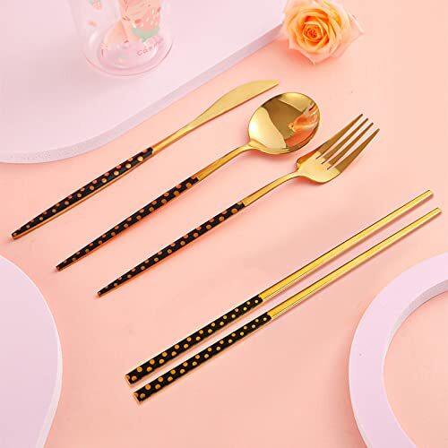 Stainless Steel Fork Spoon - Stainless Steel, All Size, Golden Color | Hand Wash Only, Dishwasher Safe, Stain Resistant, Includes Chopsticks, Soup Spoon, Plastic Box