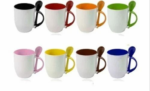 Ceramic Spoon Mug - Ceramic, Round Shape, White Color | Polished Finish, Attractive Pattern, Unique Design for Drinkware