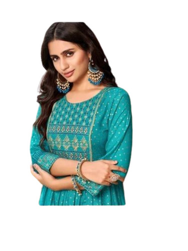 Casual Ladies Kurtis - Cotton Material, Regular Fit, Blue Color | Lightweight, Breathable, Embroidered Design, Summer Party Wear, Modern Style, 3-4th Sleeve