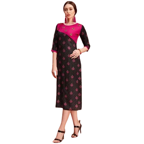 Designer Ladies Kurtis - Rayon, Available in M, L, S, XL, XXL Sizes, Black Color | Light Weight, Breathable, 3-4th Sleeve Style, Printed Pattern for Casual Wear