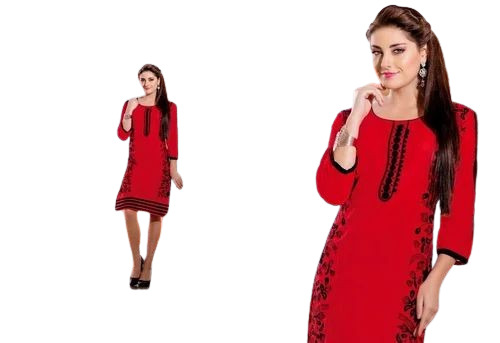 Fancy Cotton Kurti - Lightweight, Breathable, 100% Pure Cotton | Red, Regular Fit, 3-4th Sleeve, Embroidered Design, Modern Style, Party Wear for Ladies