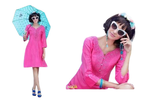 Fancy Designer Kurti - Cotton Material, Regular Fit Sizes M, L, S, XL | Lightweight, Breathable, Embroidered Pattern in Pink