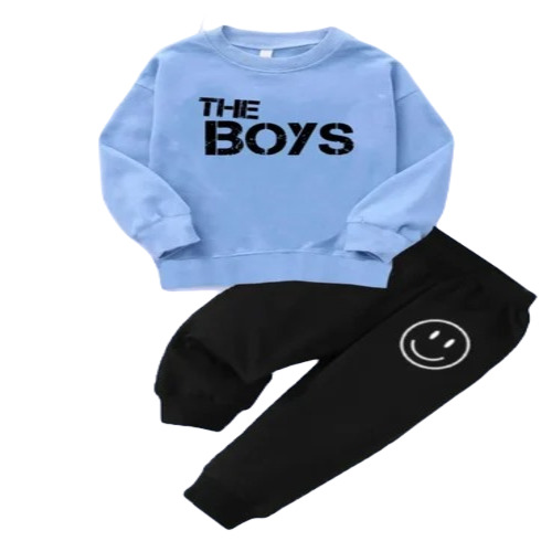 Kids Cotton Blue and Black Printed T-Shirt and Track Pant Set - Full Sleeves, Anti-Wrinkle, Breathable, Washable