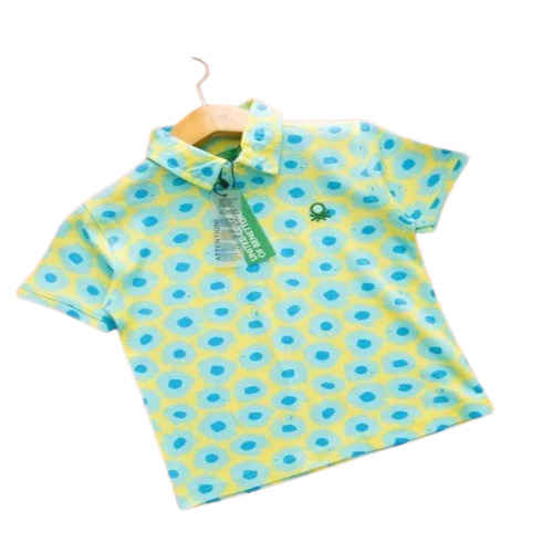 Kids Polo Collar T-Shirt - Cotton, Full Sleeves, Green | Printed Pattern, Anti-Wrinkle, Breathable, Washable, Modern Style, Summer Wear