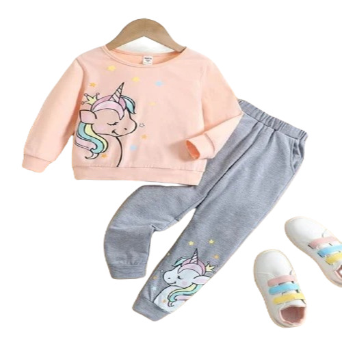 Kids Cotton Graphic Printed T-Shirt and Track Pant Set - Pink, Full Sleeves, Anti-Wrinkle, Breathable, Washable, Modern Style