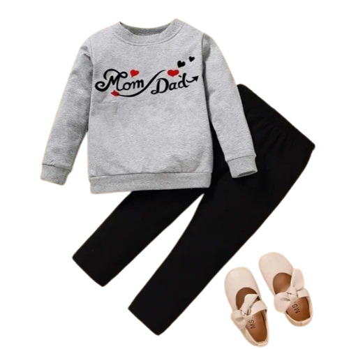 Kids Cotton Grey T Shirt And Black Track Pant Set - Full Sleeves, Printed Pattern | Anti-Wrinkle, Breathable, Washable, No Fade, Modern Style