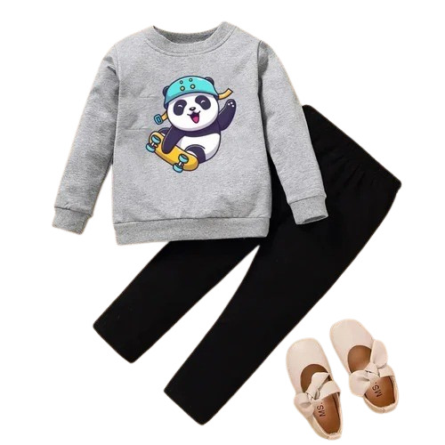Kids Cotton Printed Grey and Black T Shirt & Track Pant Set - Full Sleeves, Anti-Wrinkle, Breathable, No Fade, Washable