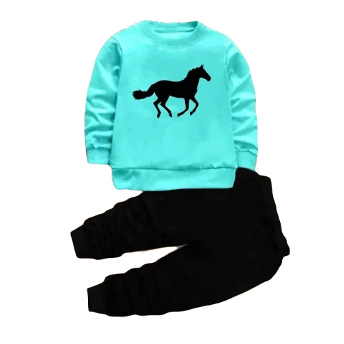 Kids Cotton Printed Horse T Shirt And Track Pant - Green and Black Color Full Sleeves Breathable and Anti-Wrinkle Features Ideal for Casual Winter Wear