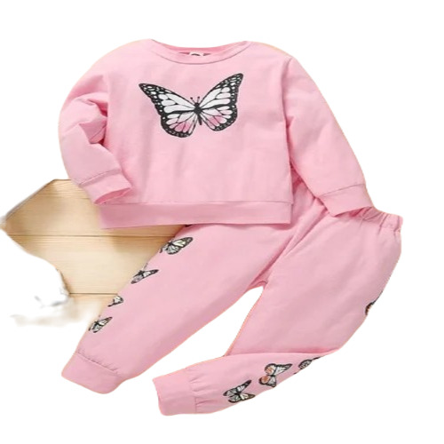 Kids Cotton Pink Printed Full Sleeve T-Shirt and Track Pant Set - Unisex, Anti-Wrinkle, Breathable, Washable, Modern Style