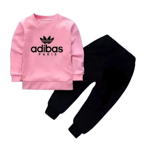 Kids Cotton Printed T-Shirt and Track Pant Set - Round Collar Full Sleeves Pink and Black Color | Anti-Wrinkle Breathable Non-Fade Washable