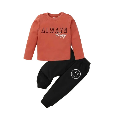 Kids Cotton Printed T-Shirt & Track Pant Set - Brown & Black, Full Sleeves, Anti-Wrinkle, Breathable, Modern Style