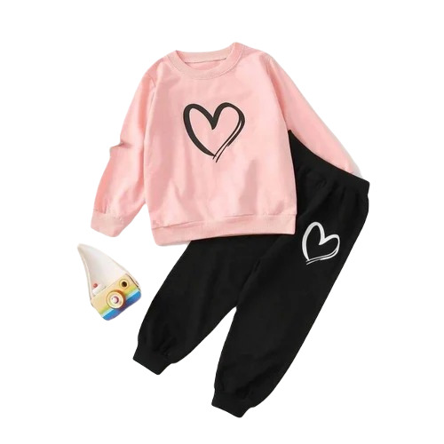 Kids Stylish T Shirt And Pant Set - Cotton Material Full Sleeves Round Collar Pink and Black Color | Features: Breathable Anti Wrinkle Modern Style Printed Pattern