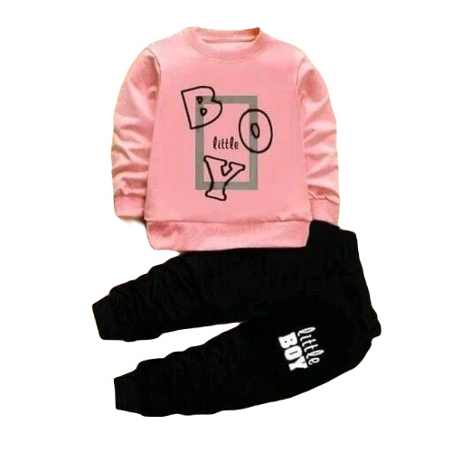 Cotton Kids Winter T-Shirt And Track Pant Set - Pink And Black, Full Sleeves, Anti-Wrinkle, Breathable, Printed Design, Modern Style