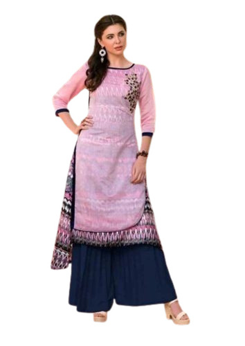 Ladies Designer Long Kurti - Cotton, Regular Fit, Pink | Light Weight, Breathable, Embroidered, 3-4th Sleeve, Casual Style, Available in M, L, S, XL