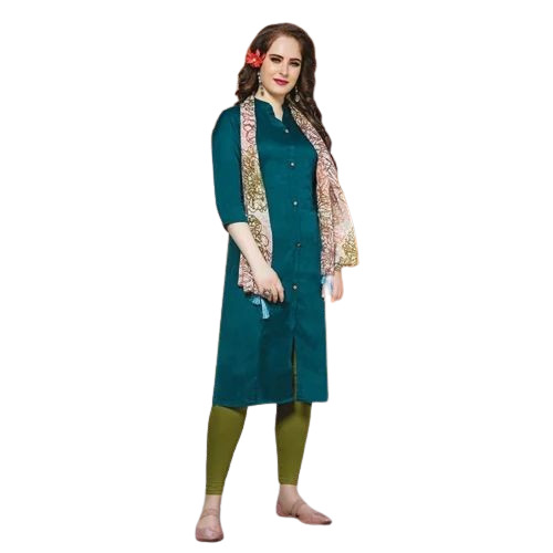 Ladies Muslin Kurti - Lightweight, Breathable Fabric | Casual Style, 3/4 Sleeve, Available in Sizes S, M, L, XL, Plain Green Design