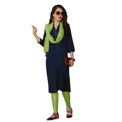 Ladies Plain Kurti - Blue Muslin, Lightweight and Breathable Fabric, 3/4th Sleeve, Casual Wear for Summer and Winter
