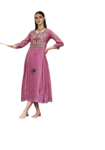 Ladies Kurtis - Cotton Fabric, Regular Fit Sizes M, L, S, XL, Pink Color | Embroidered Party Wear, Breathable and Lightweight Design, 3-4th Sleeve Style