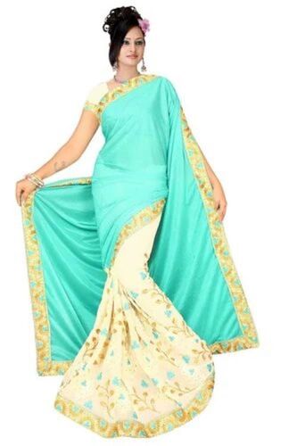Premium Trendy Party Wear Saree - Lightweight Green And Cream Bollywood Style, Easy To Wear With Optimum Quality Patch Work, Accessory-Friendly, Timeless Appeal, Customizable Lengths