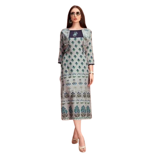 Long Kurtis - Rayon, Size M-XXL, Grey Color, Printed Pattern - Lightweight, Breathable, 3/4 Sleeve, Casual Style