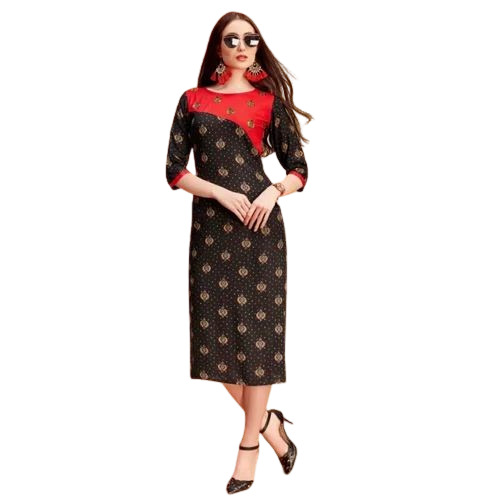 Printed Ladies Kurtis - Rayon Material, Available in Sizes M to XXL, Black Color, 3-4th Sleeve Style, Casual Printed Design, Light Weight and Breathable Quality