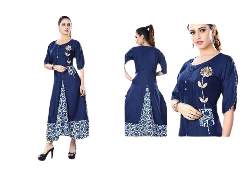 Rayon Designer Kurti - New, Regular Fit, Breathable Light Weight | Modern Printed Casual Style in Blue with 3-4th Sleeves