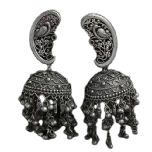 Silver Oxidised Jhumkas - Alloy Material, Large Size, Black Antique Colour | Charm Hoop Earring for Feminine Elegance