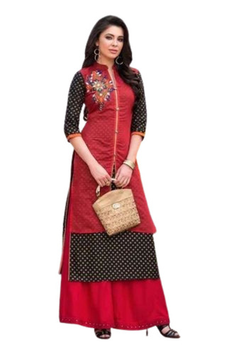 Traditional Designer Kurti - Rayon Material, Regular Fit Sizes M, L, S, XL | Light Weight, Breathable, Printed with 3-4th Sleeve in Maroon & Black Colors