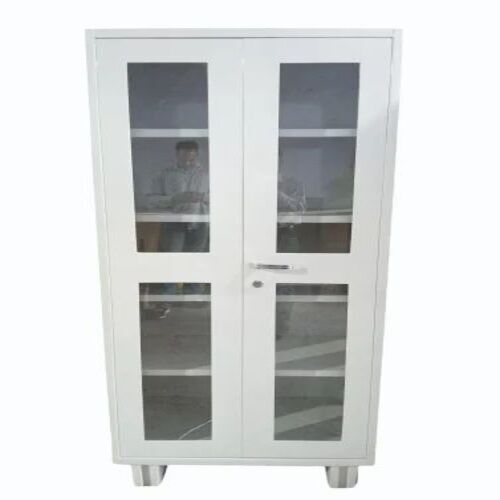 Glass Door Almirah - Premium Quality Metal, 78"x36"x19" , White Color with 5 Shelves and 2 Door Cabinets