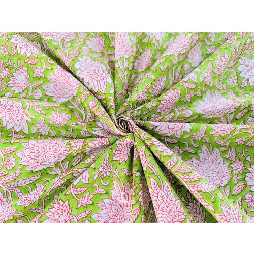 Pure Cotton Hand Block Printed Fabric - 44 Inch Width, Green Color, 100% Washable | Ideal for Apparel in Autumn and Summer