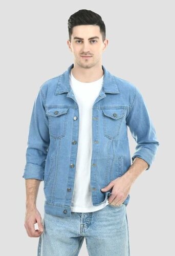 Mens Casual Denim Jacket - Oxford Fabric, Full Sleeve Design, Blue Color, Printed Pattern, Nine Pockets