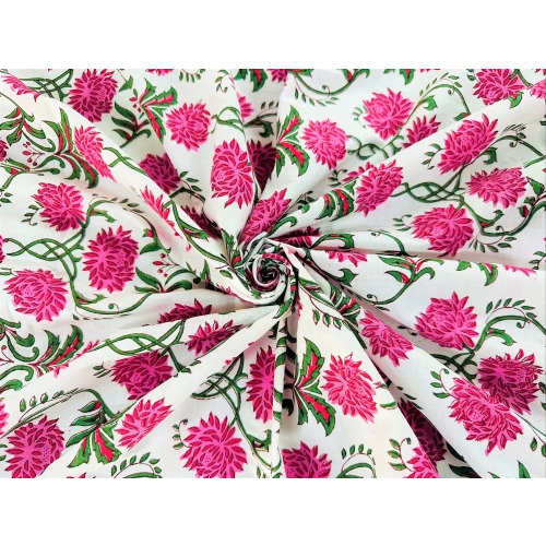 Cotton Fabric - 44 Inch Width, Pink Floral Hand Block Print | 100% Washable, Ideal for Apparel in Autumn and Summers