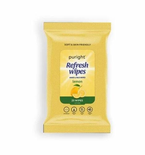 Puright Lemon Refreshing Wipes - Rectangular, 12x15 Cm, White | 25 Pieces, Long Lasting Effects, Disposable Packaging